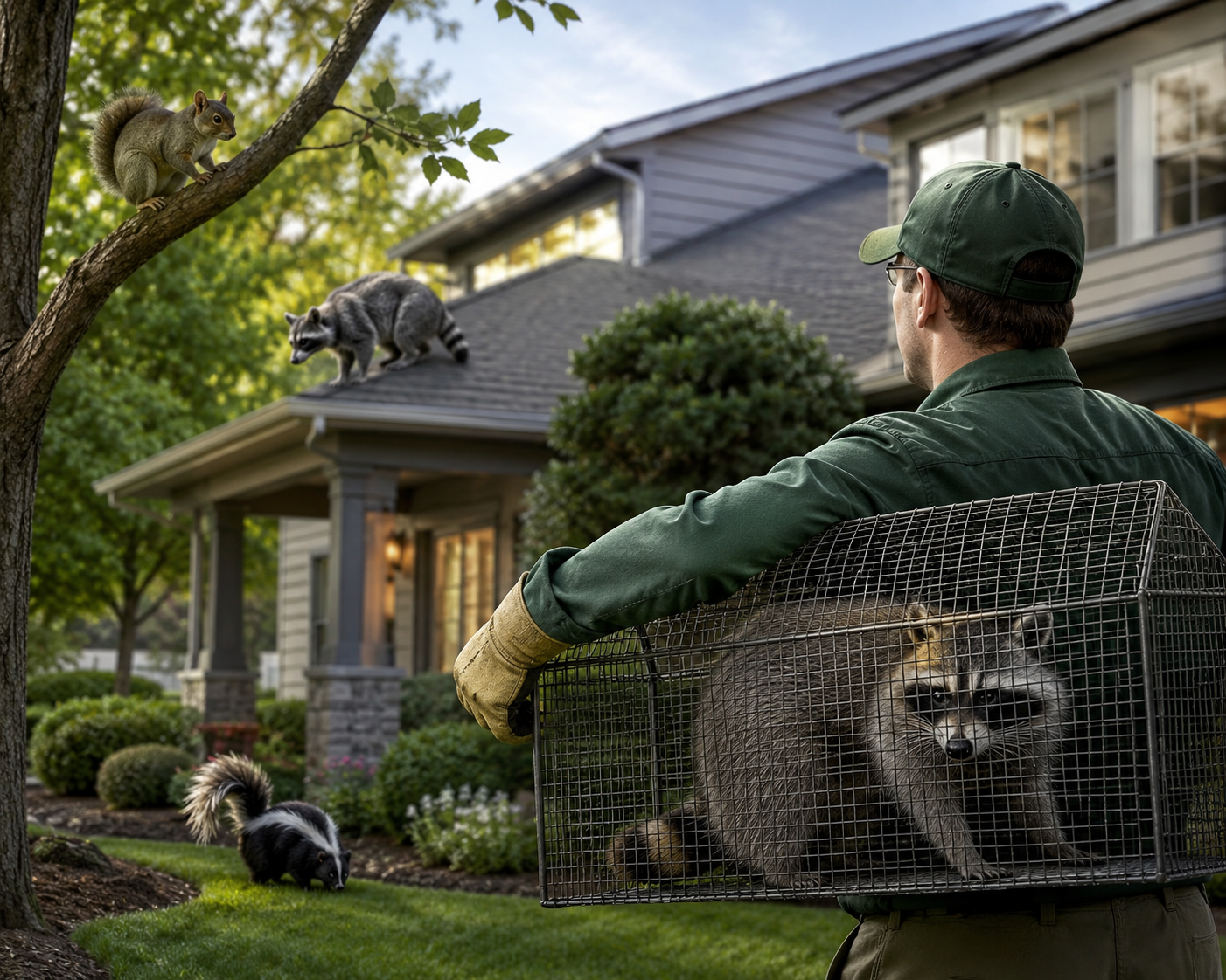 Raccoon near a home — humane wildlife removal for raccoons, squirrels and skunks